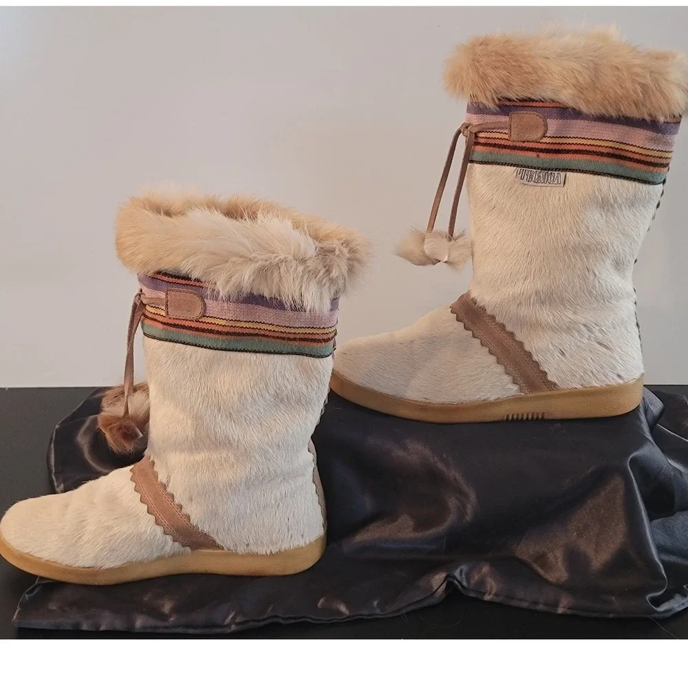 Tecnica Vintage Goat Hair Moon Boots Cream Fur Pom Pom Made in Italy Womens 38